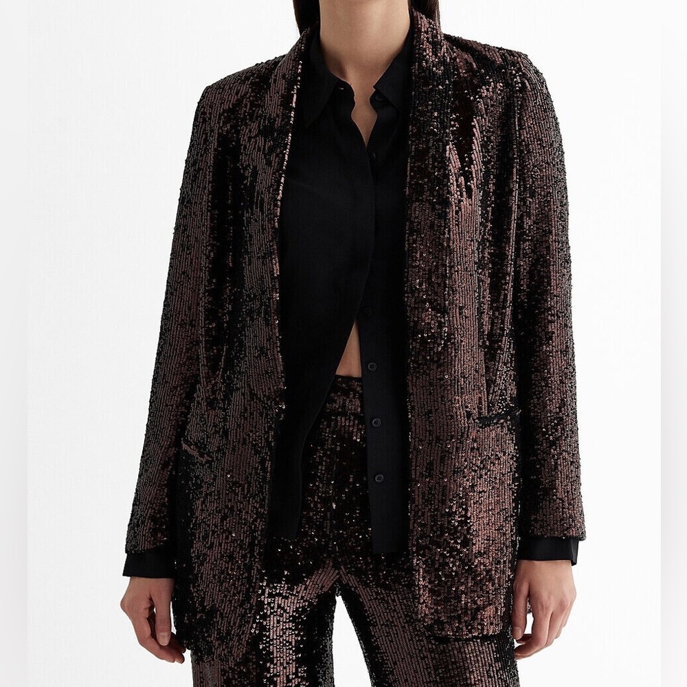 Express bronze sequin open front boyfriend blazer long sleeve